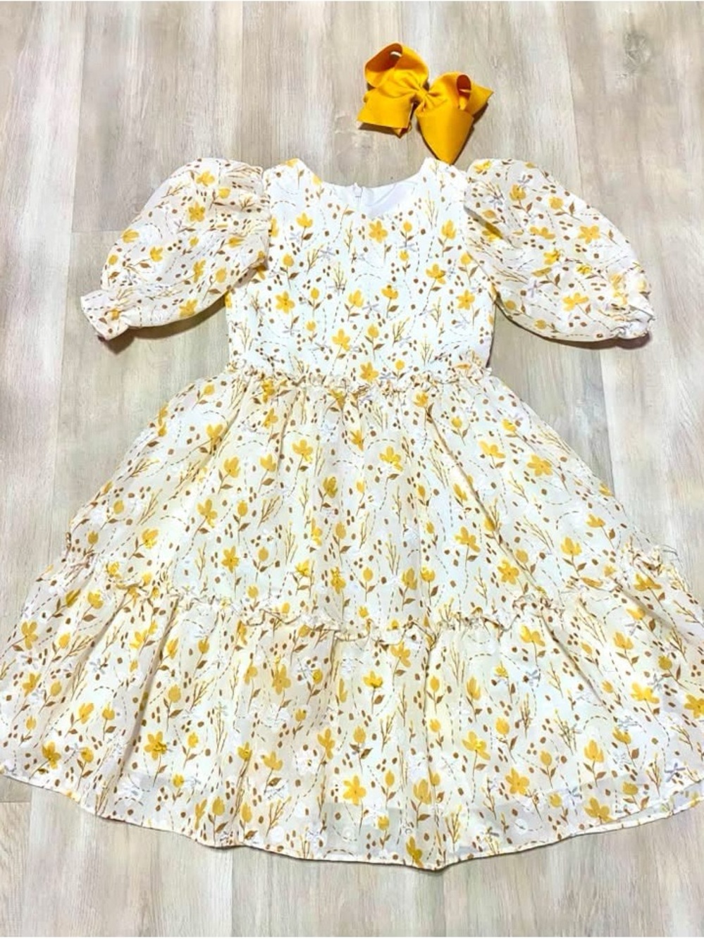Pippa & Julie White Dress with Yellow Floral Print and Puff Sleeves